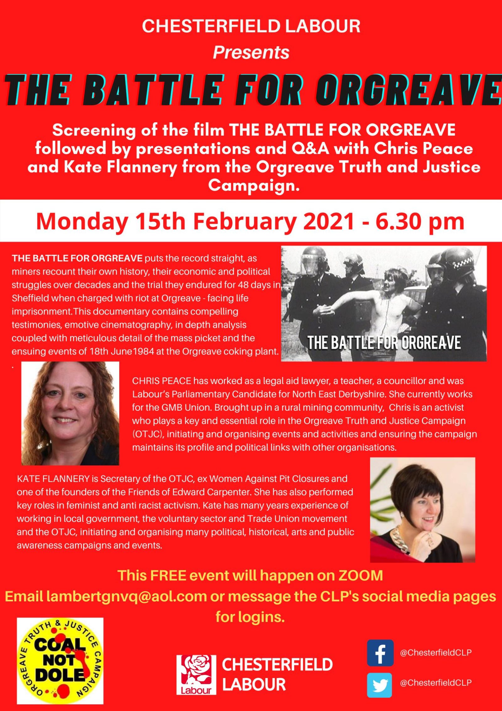 Join us via Zoom on Monday 16th February, at 6.30pm for a FREE screening of the film The Battle for Orgreave, followed by presentations and Q&A with Chris Peace and Kate Flannery of The Orgreave Truth & Justice Campaign. Message this page or the CLP Secretary at lambertgnvq@aol.com for logins.